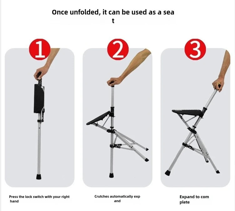A 2-in-1 portable folding cane and chair combination that can be quickly folded and unfolded, equipped with a seat and three leg