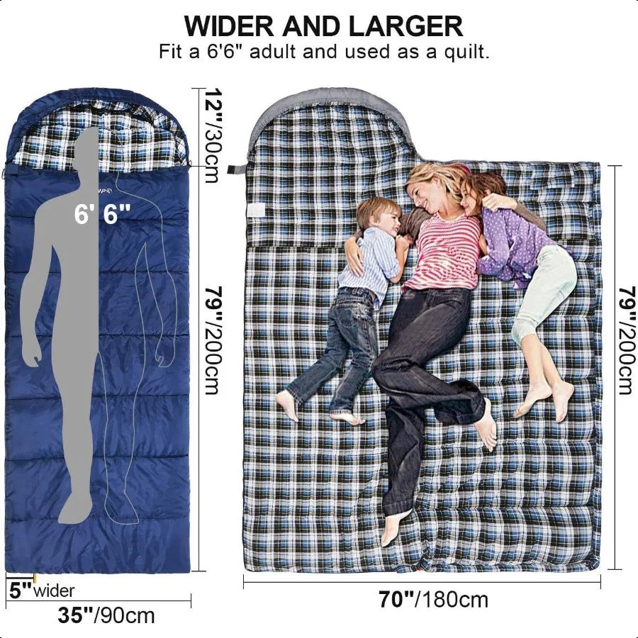 Flannel Sleeping Bag for Adults Comfortable Cotton Sleeping Bags for Camping with Detachable Hood Red Grey Blue