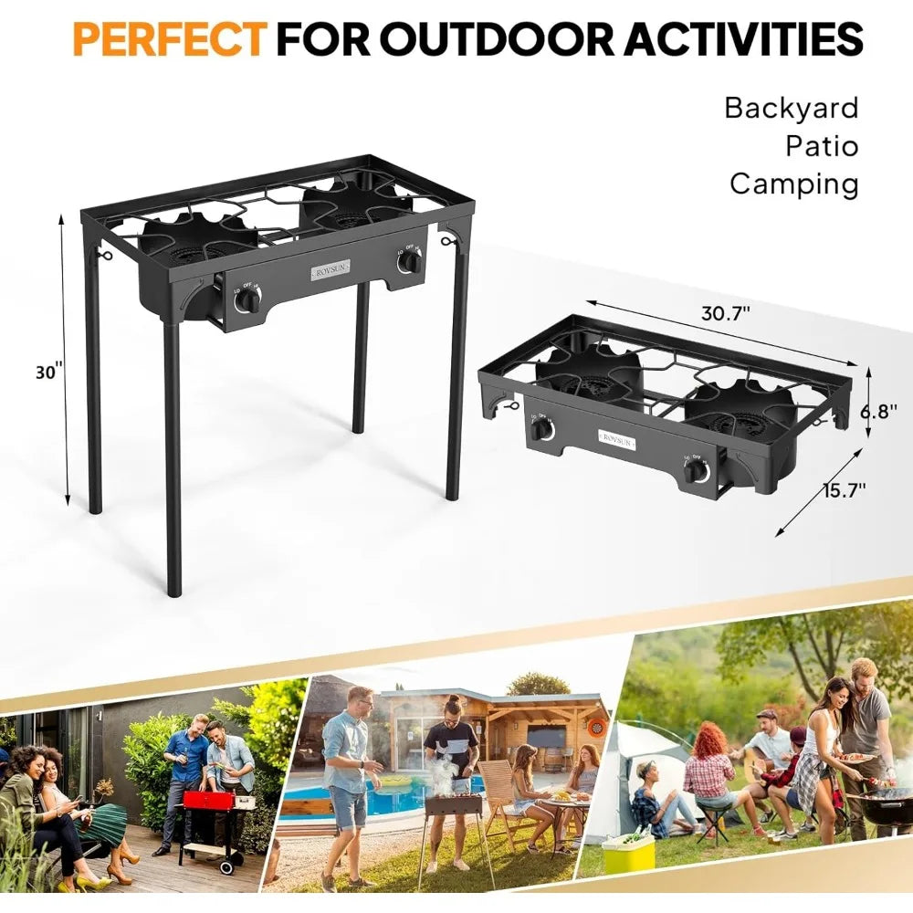 2 burners outdoor propane gas stove 150btu High pressure stove for backyard cooking camping home brewing, 20 PSI regulator
