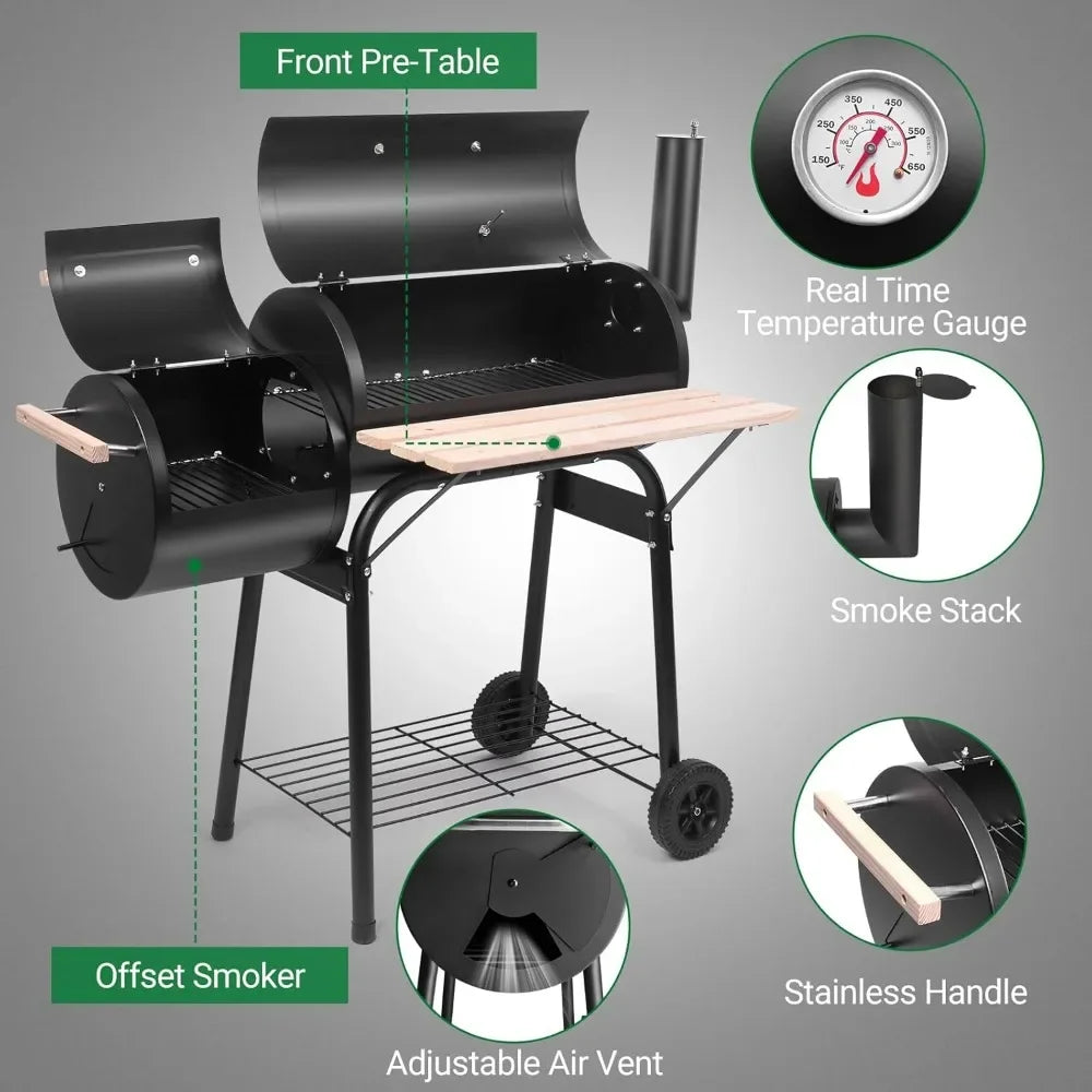 Charcoal Grill and Offset Smoker, Outdoor Patio Barbecue Cooker with Wheels,Side Fire Box for Camping, Picnic, Party