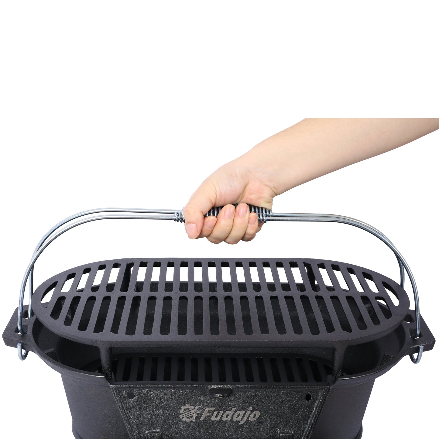 20" Oval Cast Iron Hibachi Grill, Portable Charcoal Grill With Vent Removable Grate with Handle, Yakitori Grill for Outdoor Camp