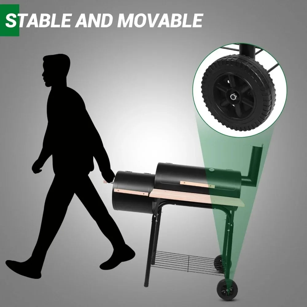Charcoal Grill and Offset Smoker, Outdoor Patio Barbecue Cooker with Wheels,Side Fire Box for Camping, Picnic, Party