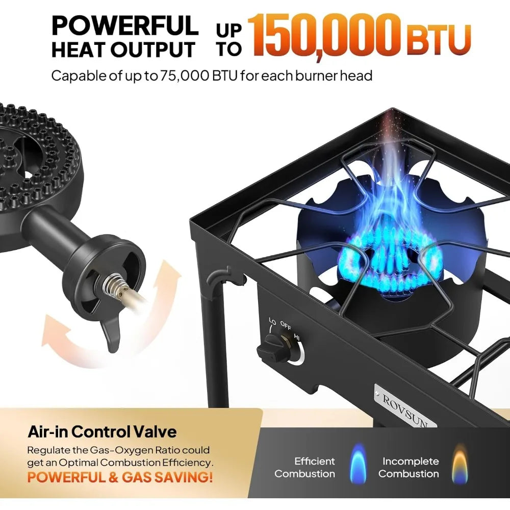 2 burners outdoor propane gas stove 150btu High pressure stove for backyard cooking camping home brewing, 20 PSI regulator