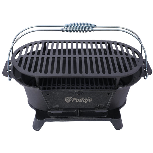 20" Oval Cast Iron Hibachi Grill, Portable Charcoal Grill With Vent Removable Grate with Handle, Yakitori Grill for Outdoor Camp
