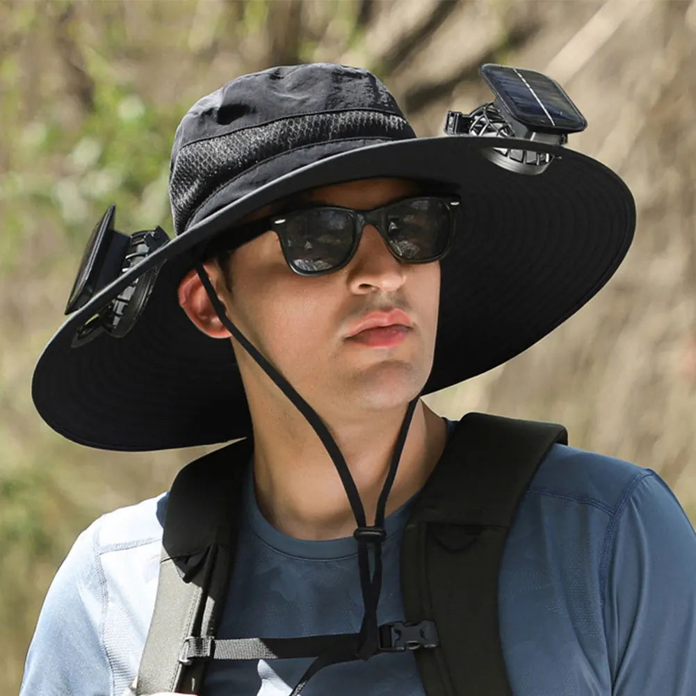 Outdoor Solar Fan Hat UV Protection Sun Hat with 1/2 Solar Powered Fans Cap Breathable Wide Brim Fishing Hat for Camping Hiking