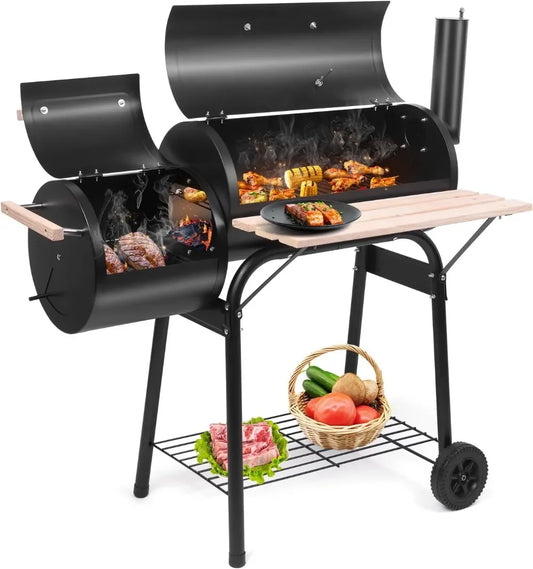 Charcoal Grill and Offset Smoker, Outdoor Patio Barbecue Cooker with Wheels,Side Fire Box for Camping, Picnic, Party