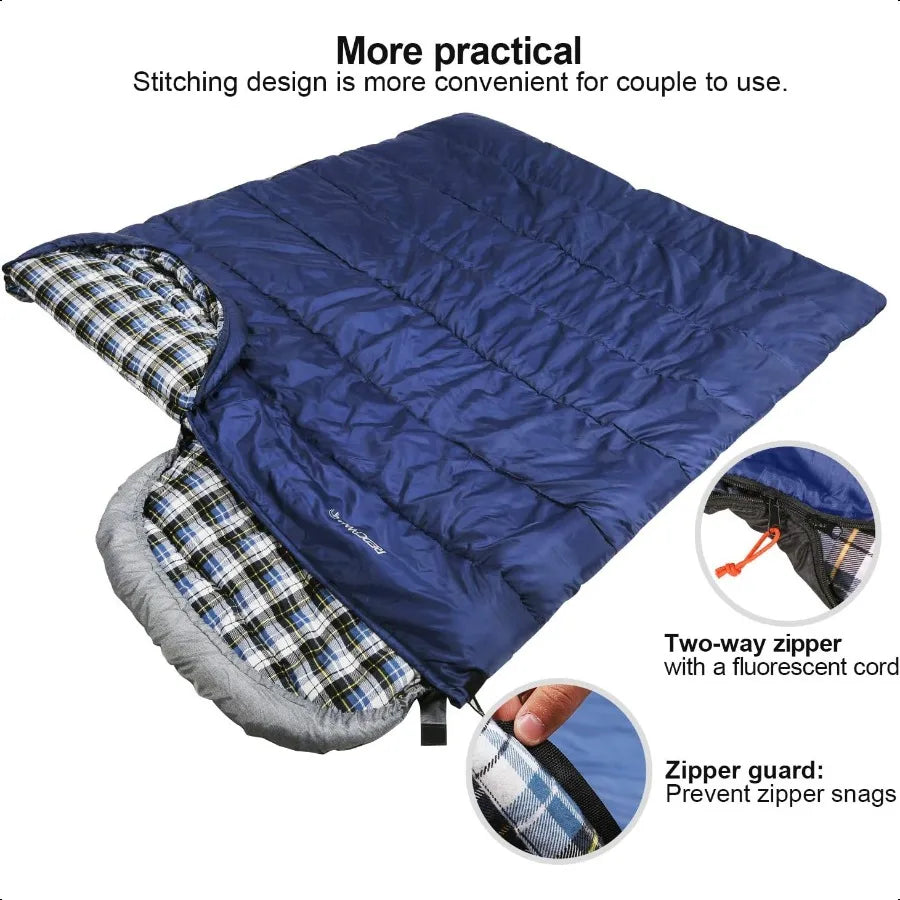 Flannel Sleeping Bag for Adults Comfortable Cotton Sleeping Bags for Camping with Detachable Hood Red Grey Blue