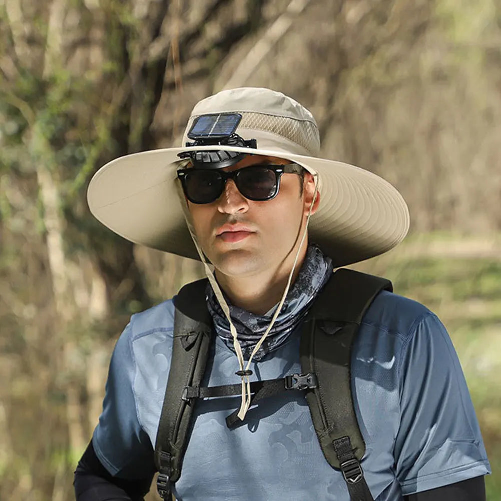 Outdoor Solar Fan Hat UV Protection Sun Hat with 1/2 Solar Powered Fans Cap Breathable Wide Brim Fishing Hat for Camping Hiking