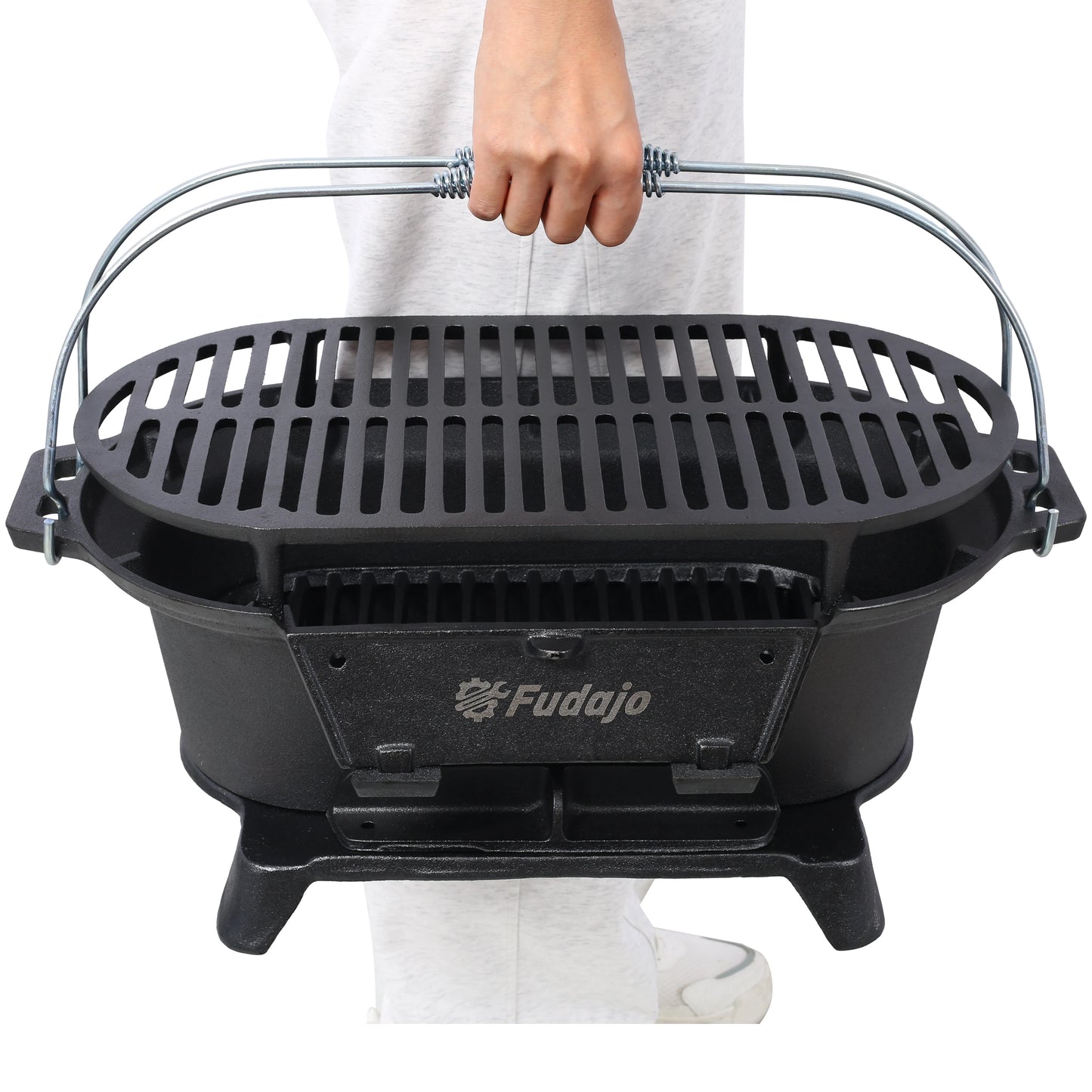 20" Oval Cast Iron Hibachi Grill, Portable Charcoal Grill With Vent Removable Grate with Handle, Yakitori Grill for Outdoor Camp