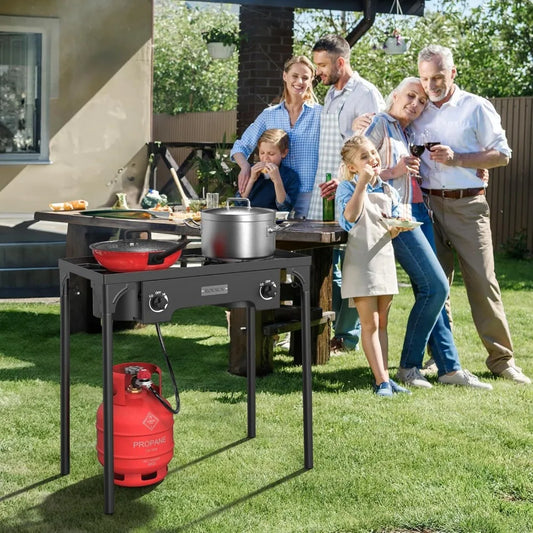 2 burners outdoor propane gas stove 150btu High pressure stove for backyard cooking camping home brewing, 20 PSI regulator