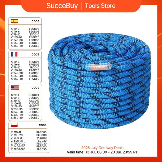 VEVOR 12.7mm Static Climbing Rope 125/150/200ft Outdoor Rock Climbing Rope 30KN Breaking Tension Fiber Rope w/ Steel Snap Hooks
