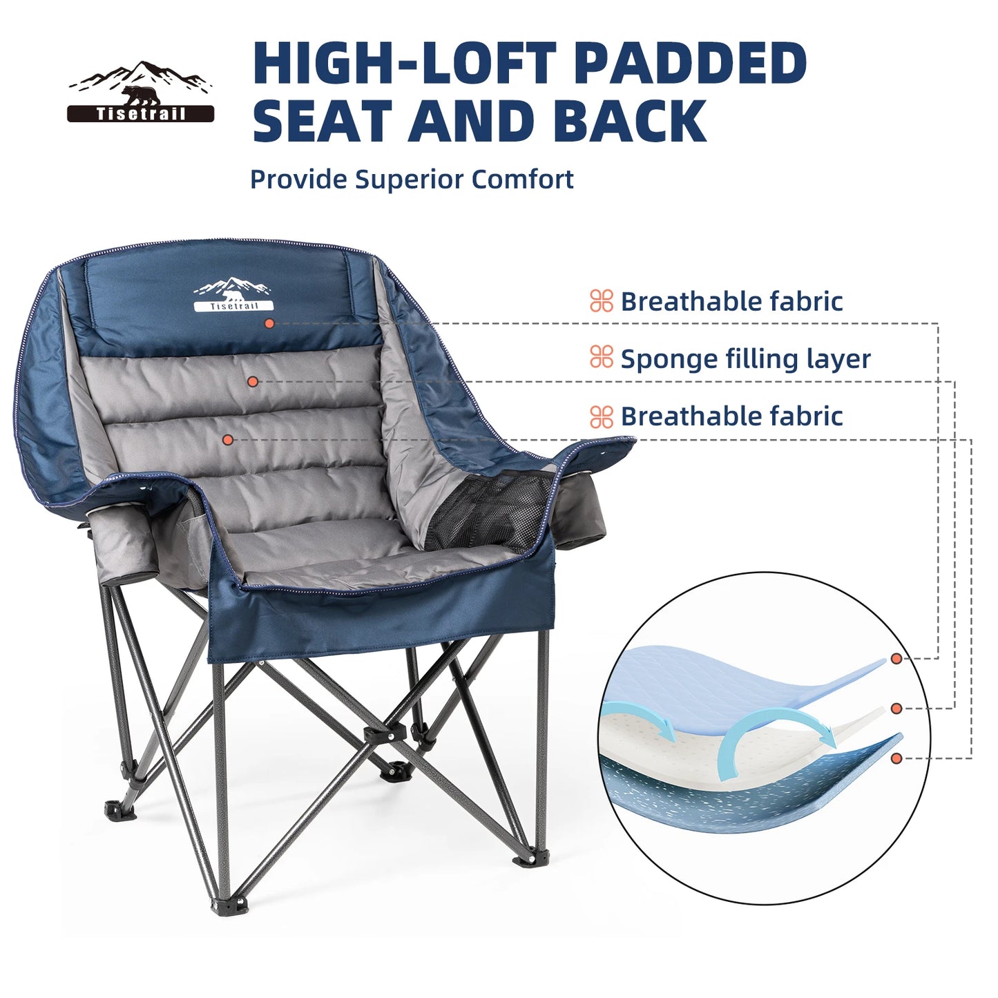 Tisetrail Oversized Padded Camping Chair Extra Large Camp Chairs For Adults With Side Pocket And Cup Holder Blue & Gray