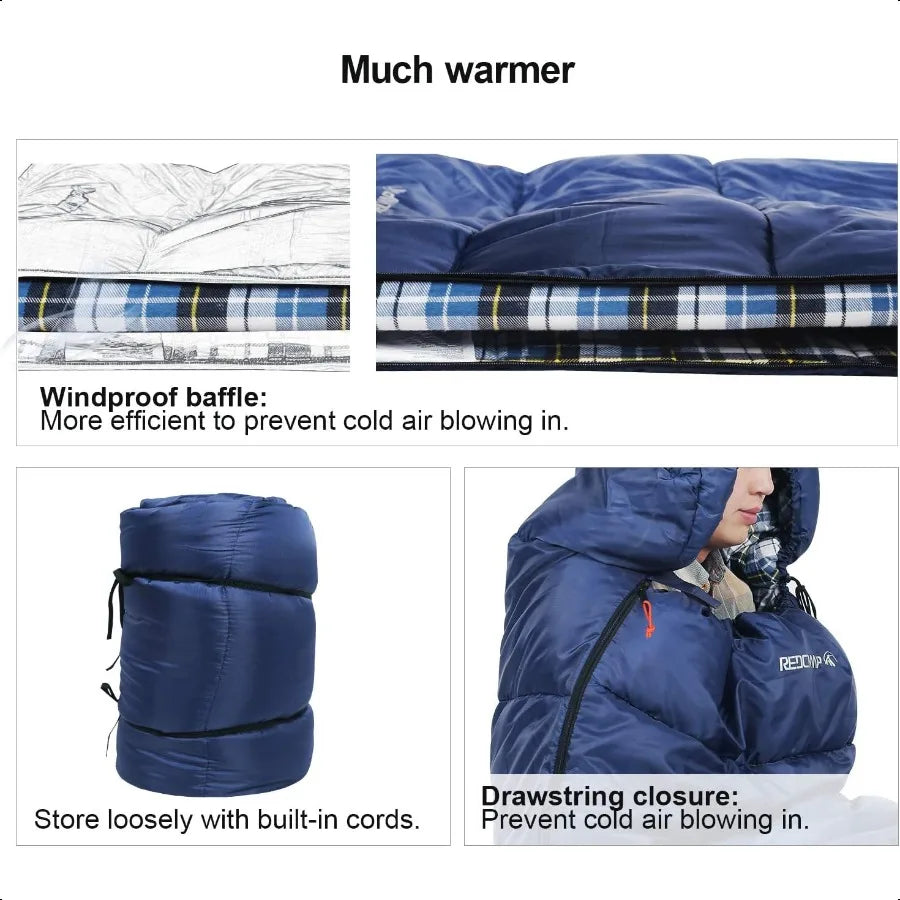 Flannel Sleeping Bag for Adults Comfortable Cotton Sleeping Bags for Camping with Detachable Hood Red Grey Blue