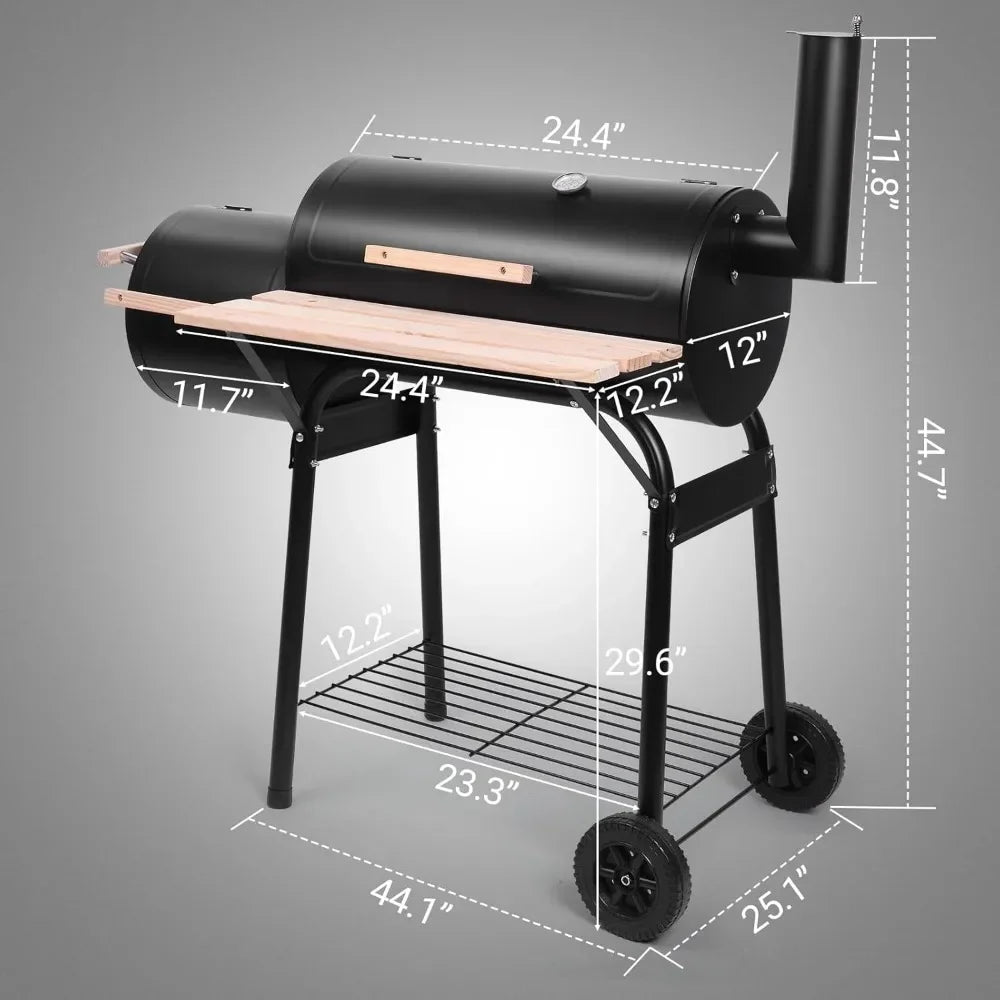 Charcoal Grill and Offset Smoker, Outdoor Patio Barbecue Cooker with Wheels,Side Fire Box for Camping, Picnic, Party