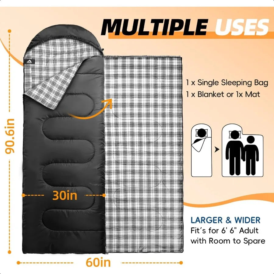 Flannel Sleeping Bag for Adults XL Large Wide Sleeping Bags for Camping Mens Warm Cotton Sleeping Bag 4 Season Warm Cool Weathe