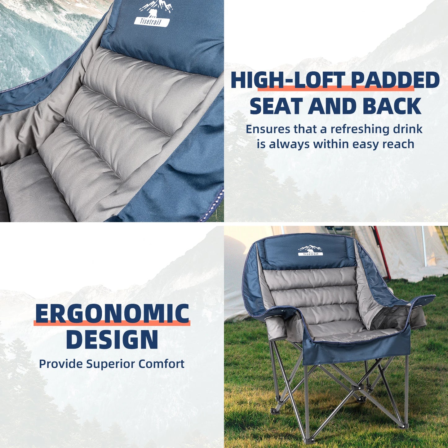 Tisetrail Oversized Padded Camping Chair Extra Large Camp Chairs For Adults With Side Pocket And Cup Holder Blue & Gray