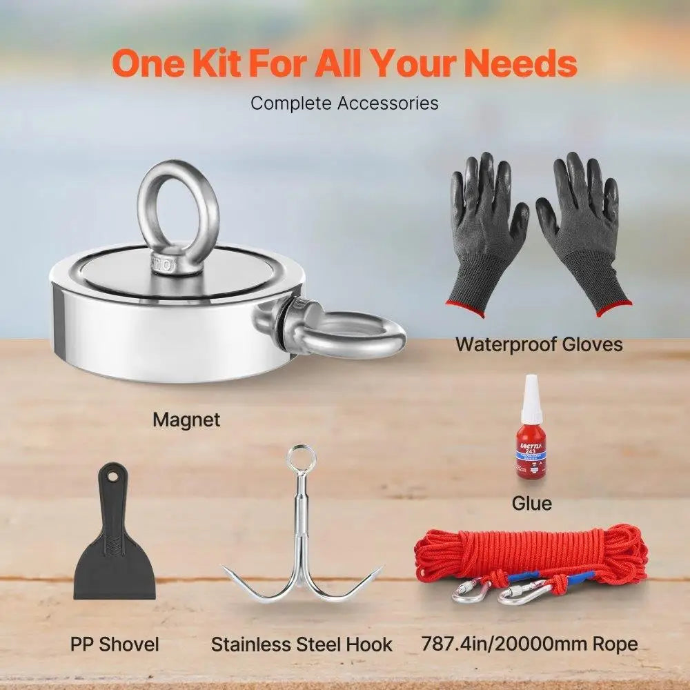1700lbs Heavy Duty Fishing Magnet Kit Double Side Pull With Rope & Carabiner