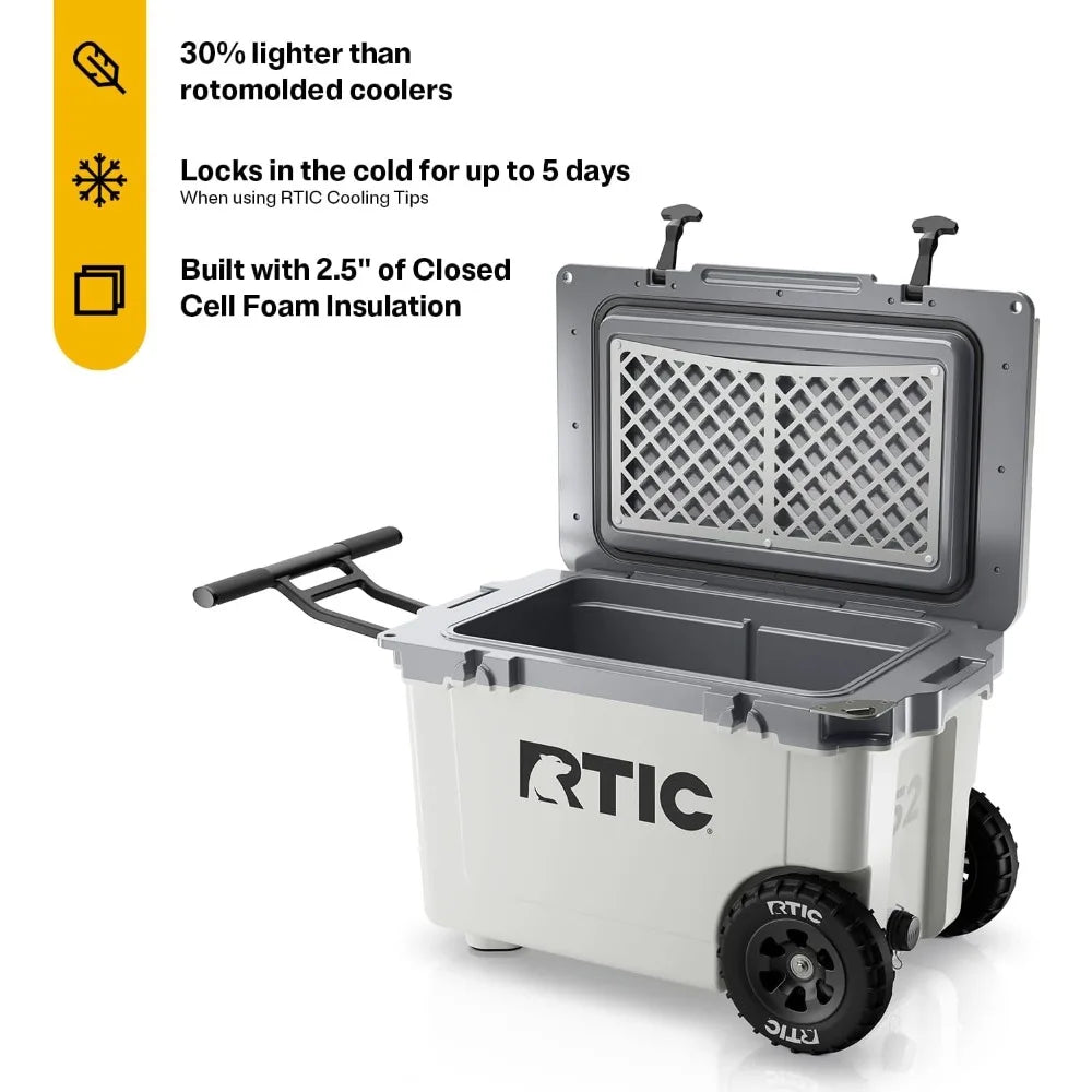 52 Quart Ultra-Light Wheeled Hard Cooler Insulated Portable Ice Chest Box for Beach, Drink, Beverage, Camping, Picnic, Fishing