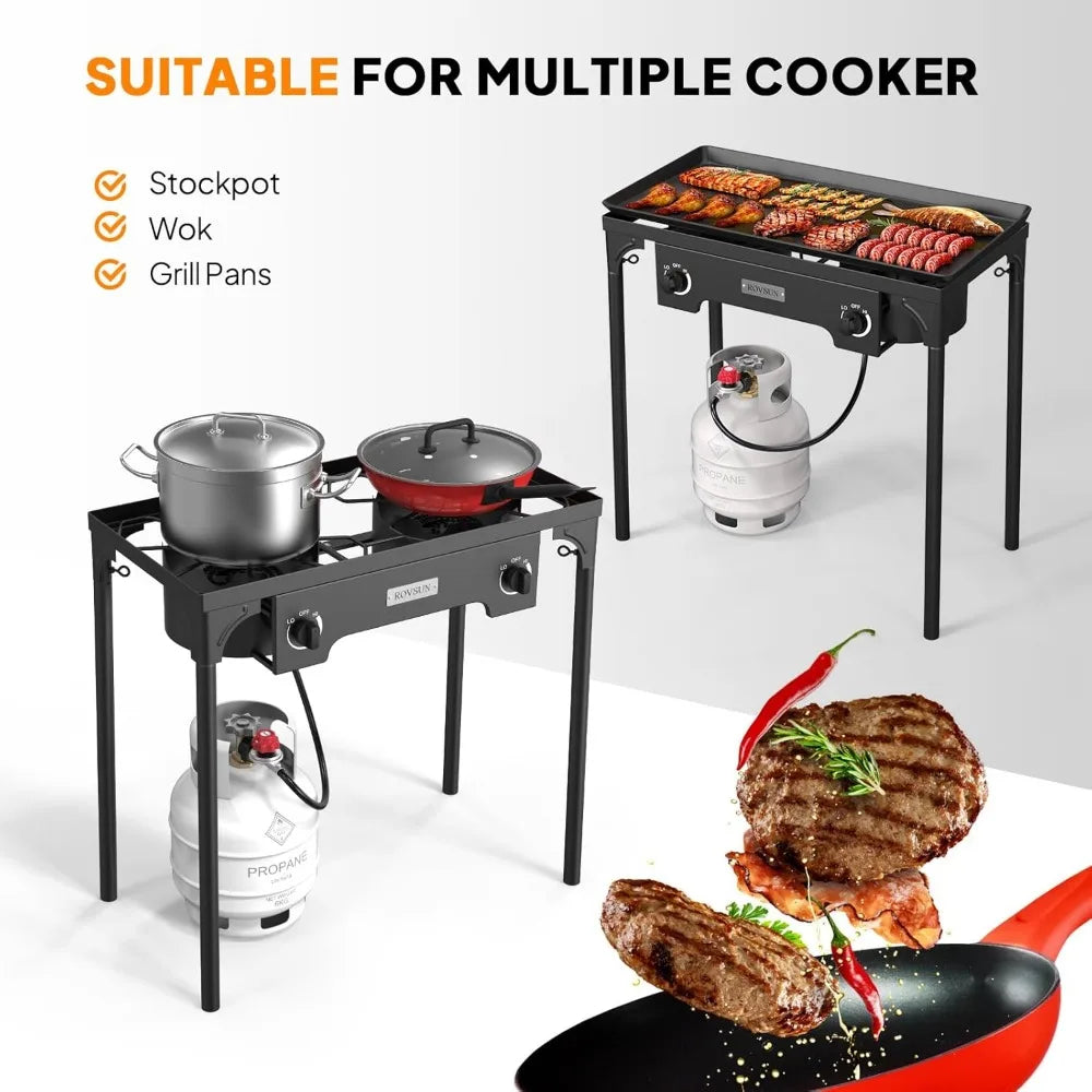 2 burners outdoor propane gas stove 150btu High pressure stove for backyard cooking camping home brewing, 20 PSI regulator