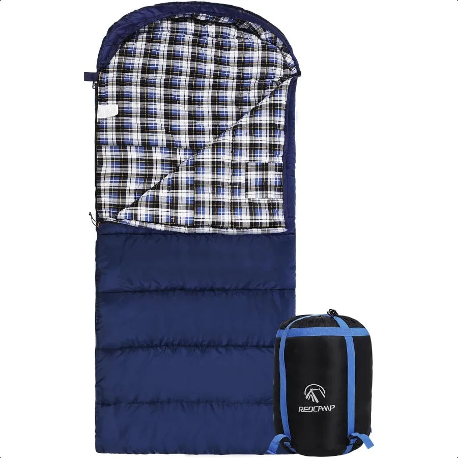 Flannel Sleeping Bag for Adults Comfortable Cotton Sleeping Bags for Camping with Detachable Hood Red Grey Blue