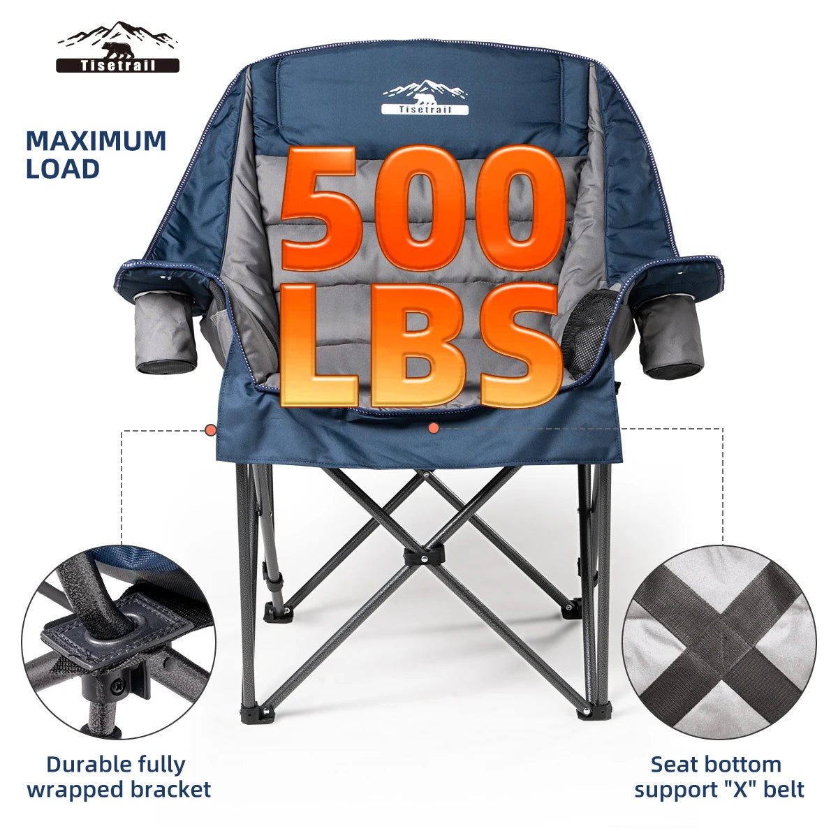 Tisetrail Oversized Padded Camping Chair Extra Large Camp Chairs For Adults With Side Pocket And Cup Holder Blue & Gray